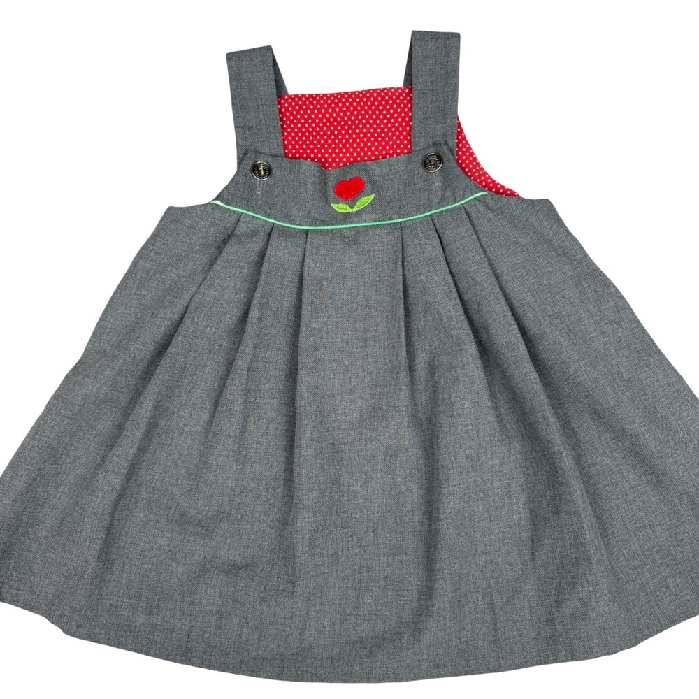Vintage Jumper Dress Girl 4T Gray Heart Flower Embroidery Polka Dot 70s Pinafore